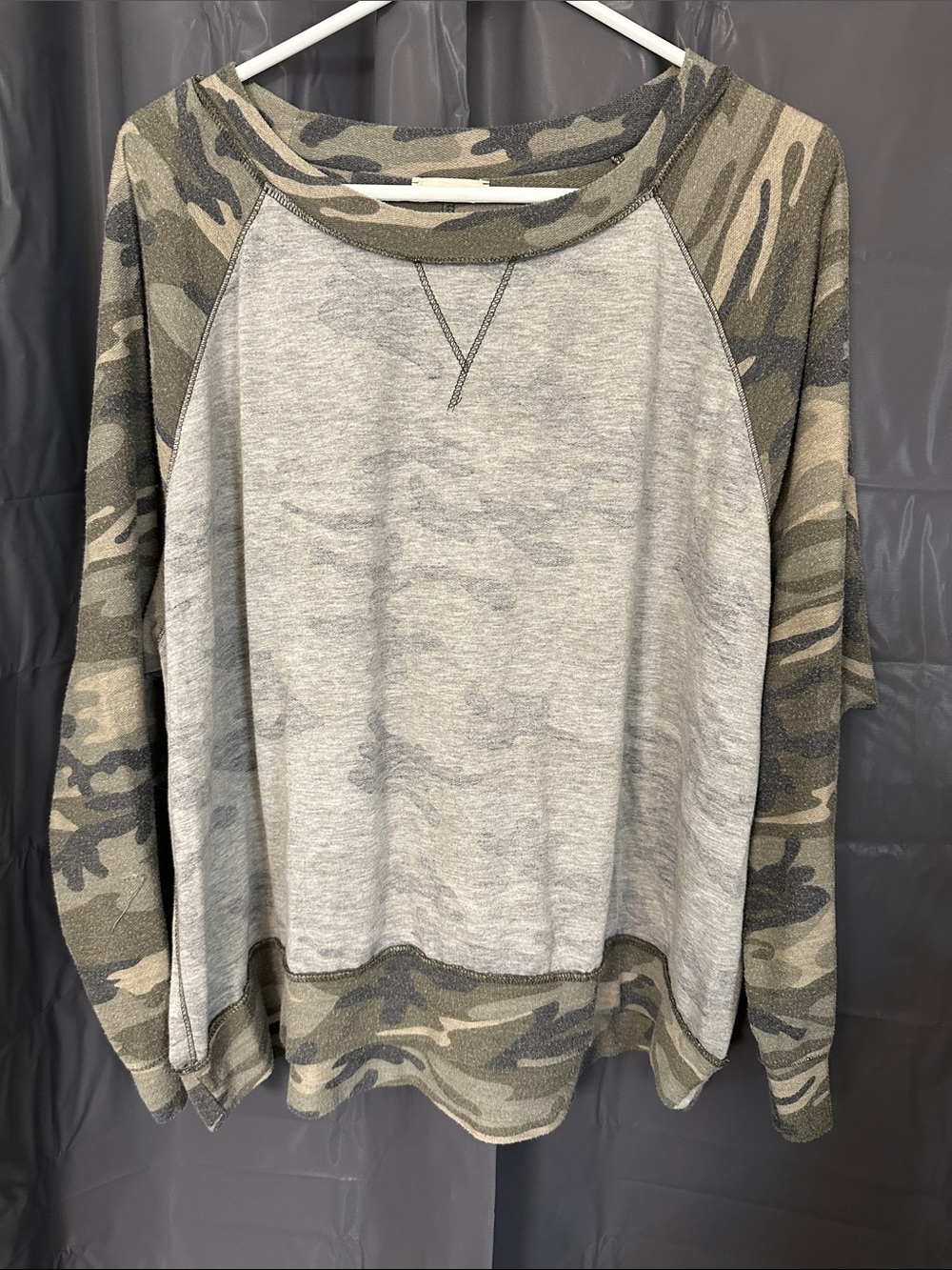 Hummingbird Gray Sweatshirt with Green Camo Raglan Sleeves